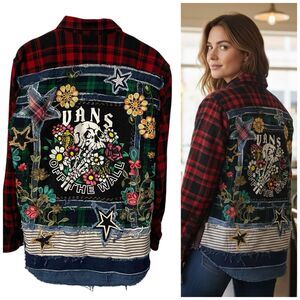 Upcycled Flannel Shirt Jacket Shacket Womens XL Skateboard Grunge Patchwork